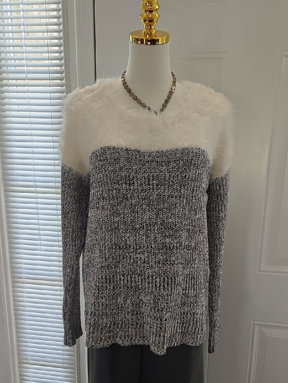 Vince Camuto Two-Tone Fuzzy Yoke Crewneck Sweater - White & Gray